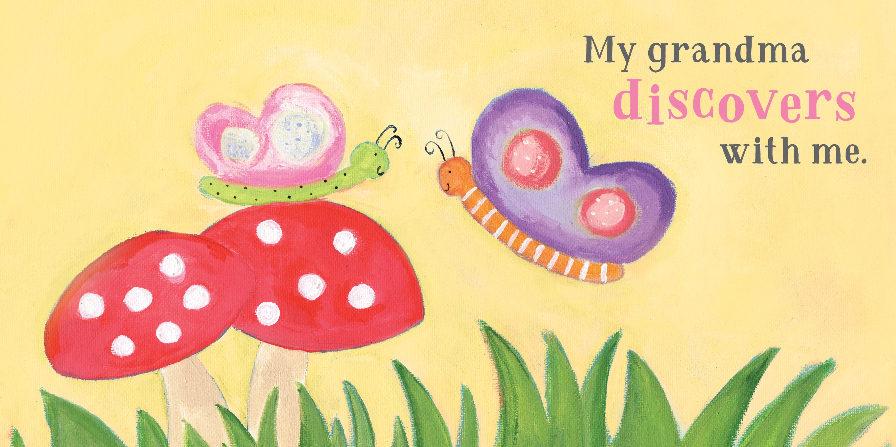 Illustration of a mushroom and a butterfly with text on a yellow background