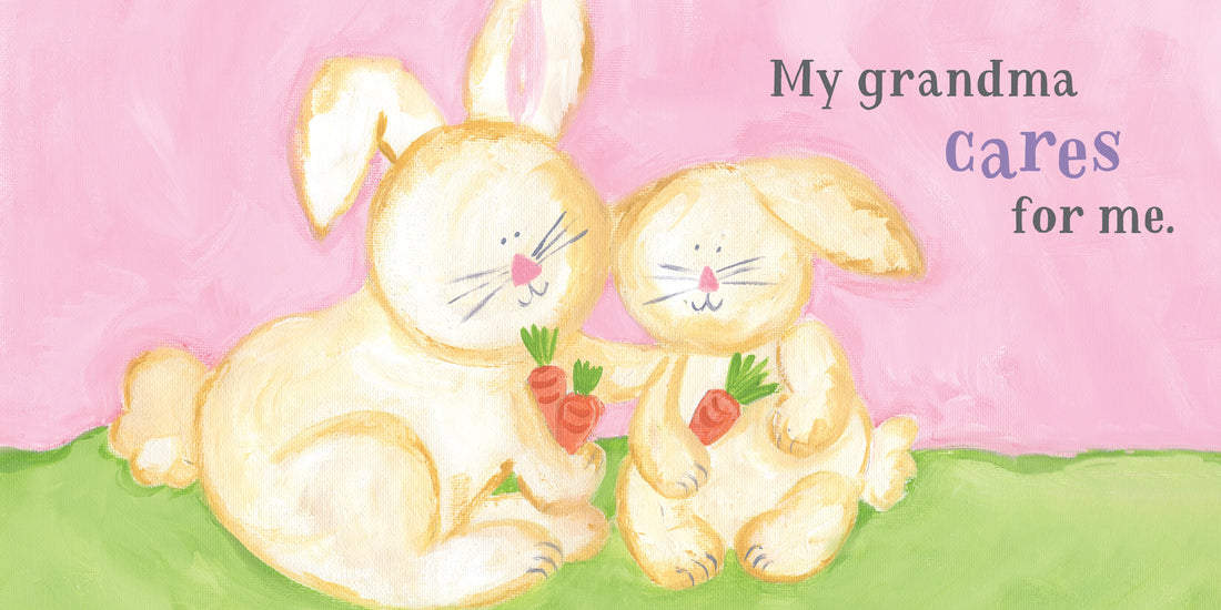 Two cartoon bunnies holding hands with text &