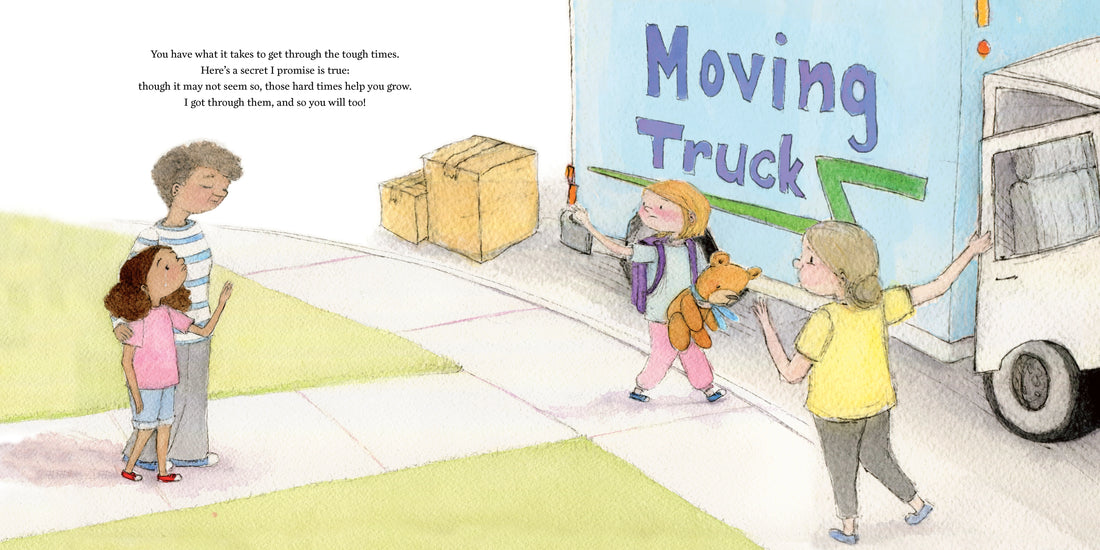 Illustration of children and a moving truck with moving boxes, depicting a moving scenario.
