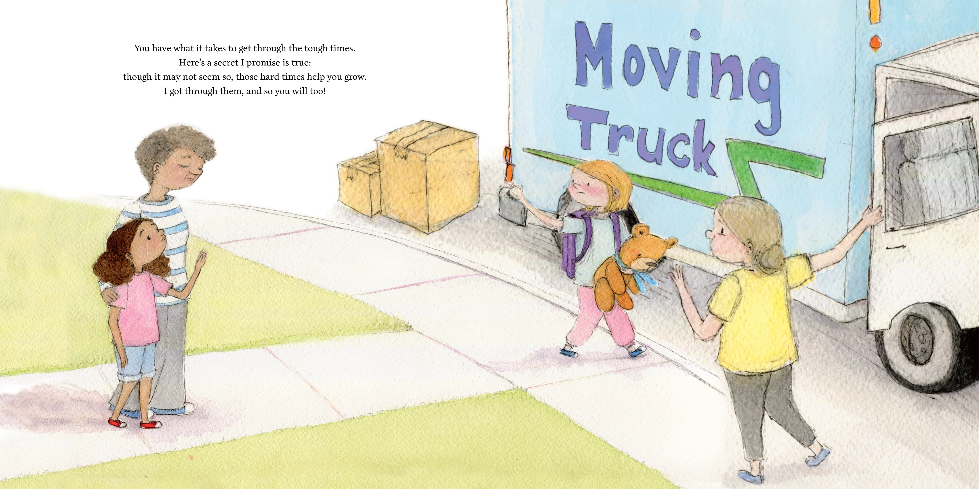 Illustration of children and a moving truck with moving boxes, depicting a moving scenario.