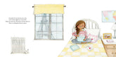 Illustration of a child sitting on a bed in a bedroom with a window view of the Eiffel Tower.