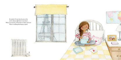 Illustration of a child sitting on a bed in a bedroom with a window view of the Eiffel Tower.
