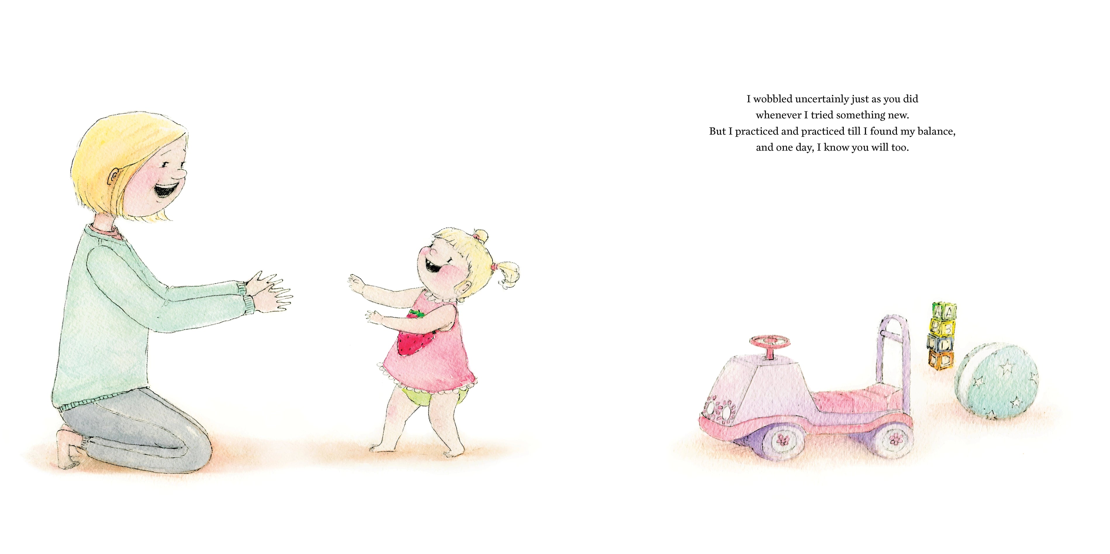 Illustration of a child and an adult with a toy car and ball on a white background