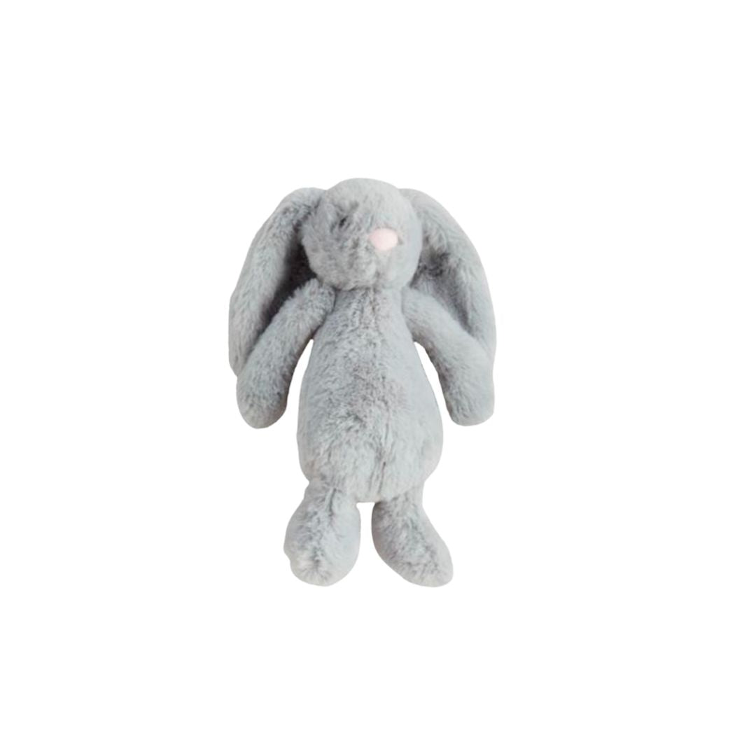 Gray plush bunny toy on a white background