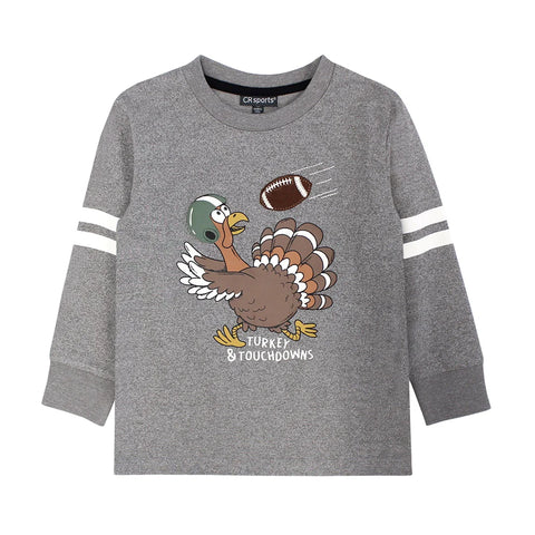 grey long sleeve with two white stripes on each sleeve - graphic is a turkey making a touchdown