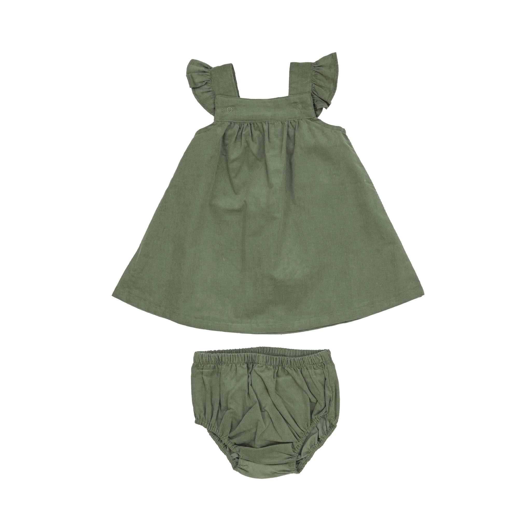 green sleeveless corduroy jumper with matching bloomer