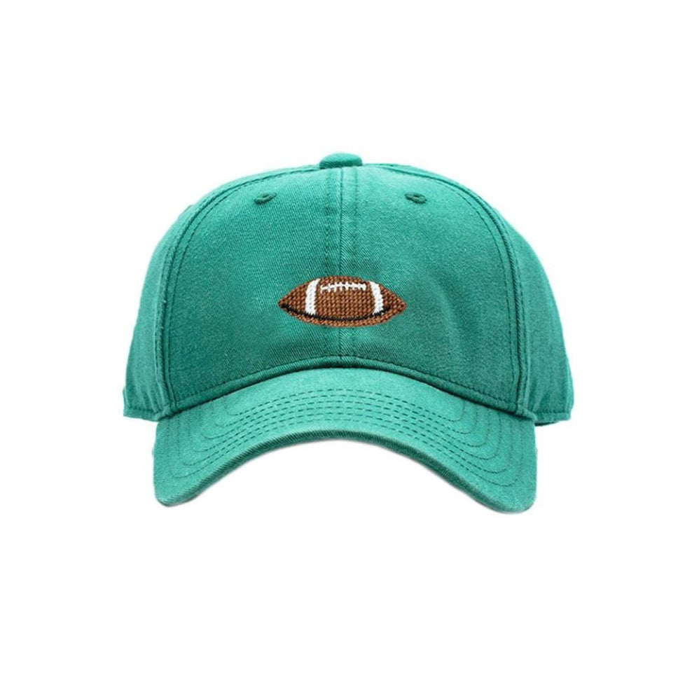 A green baseball cap with a football embroidered on the front, featuring an adjustable white sail cloth back strap.