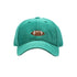A green baseball cap with a football embroidered on the front, featuring an adjustable white sail cloth back strap.