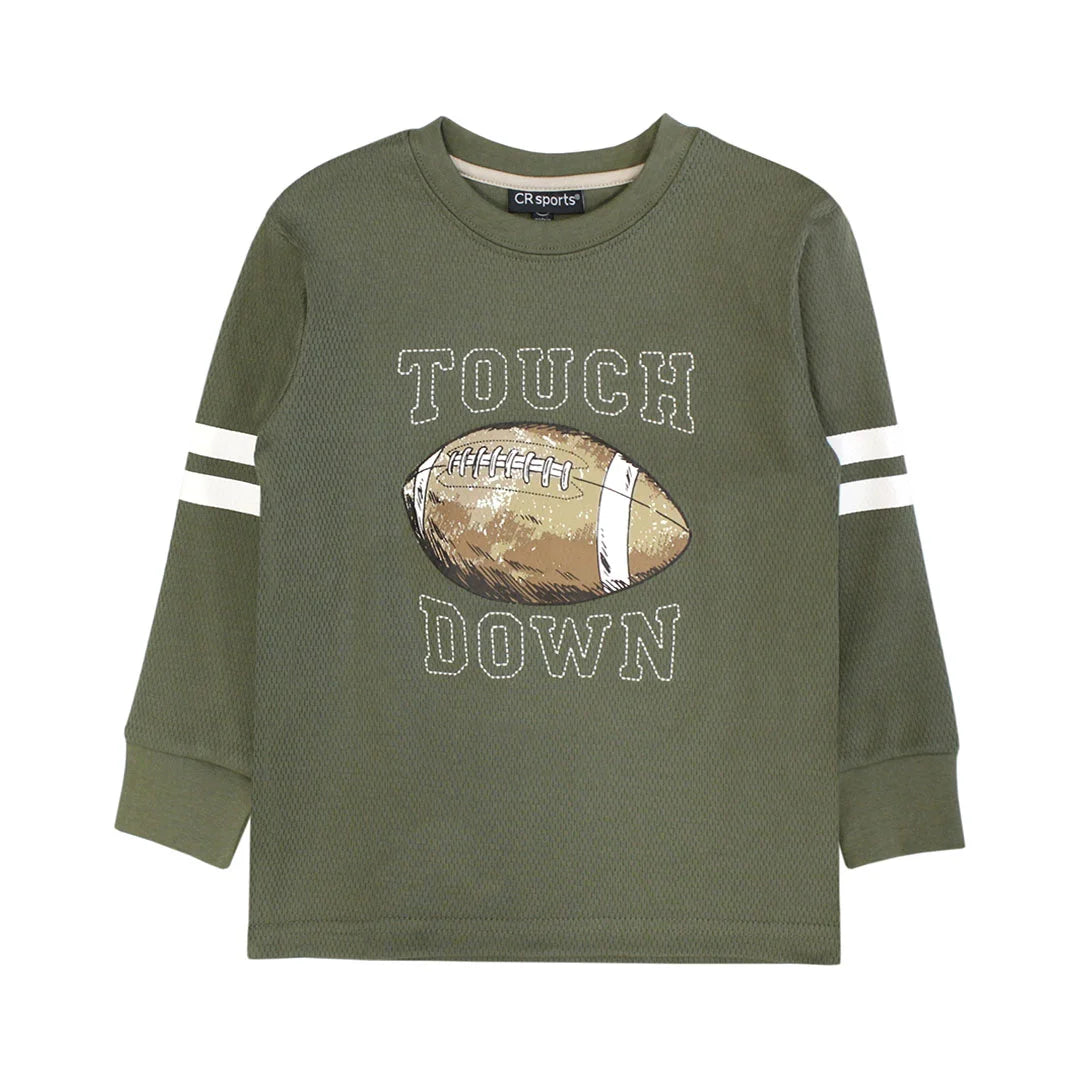 green long sleeve tee with football and it says touch down
