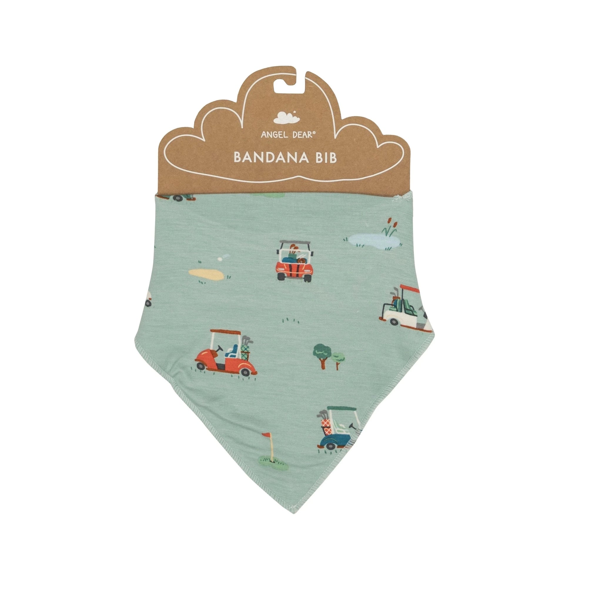 green bib with red, white and blue golf cart print