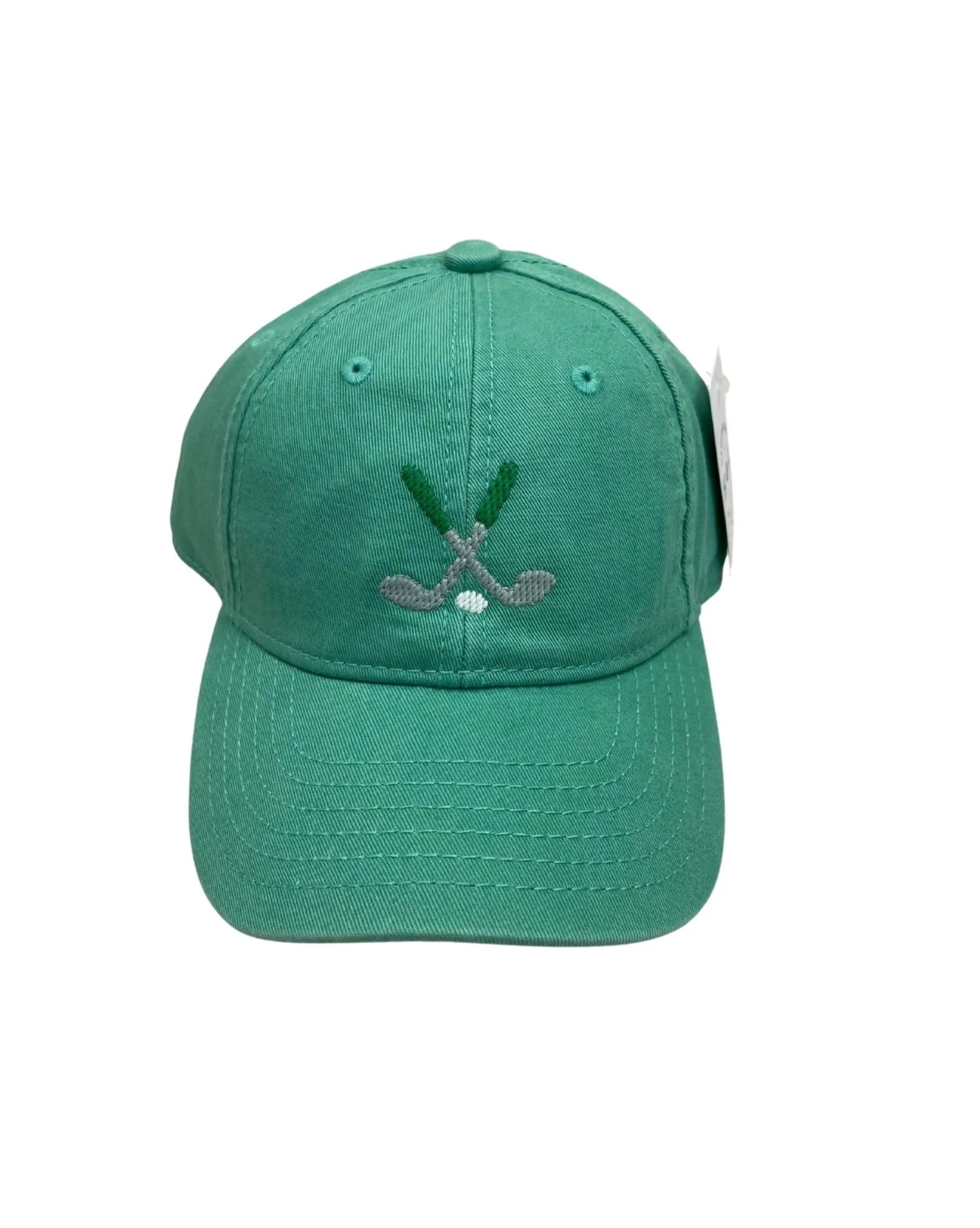 green hat with golf clubs