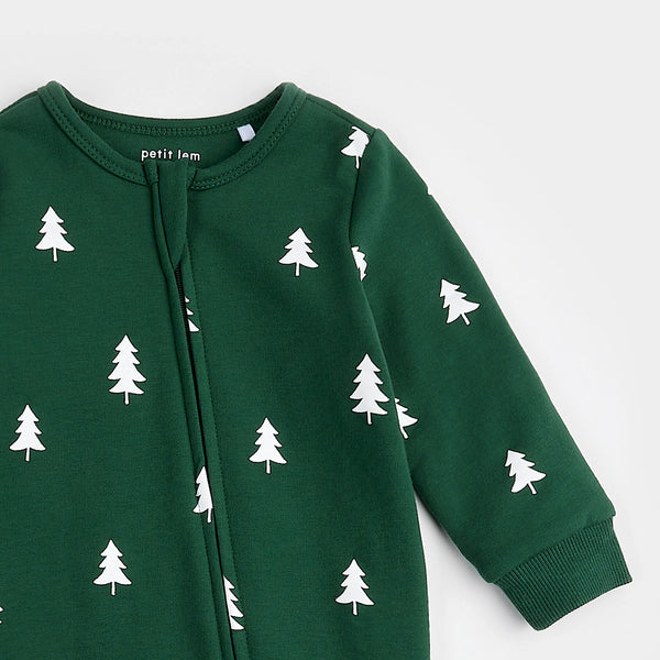 long sleeve green playsuit with white pine trees all over