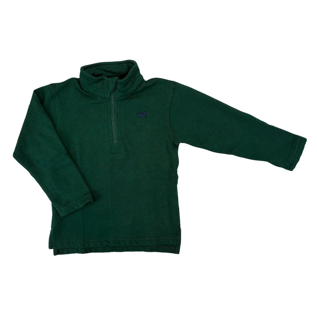 Green fleece pullover with a small logo on a white background