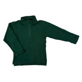 Green fleece pullover with a small logo on a white background