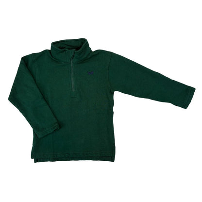 Green fleece pullover with a small logo on a white background