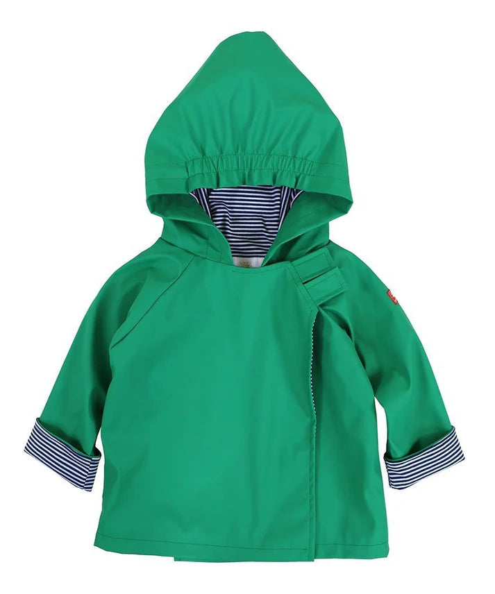 Green hooded jacket with striped cuffs on a white background