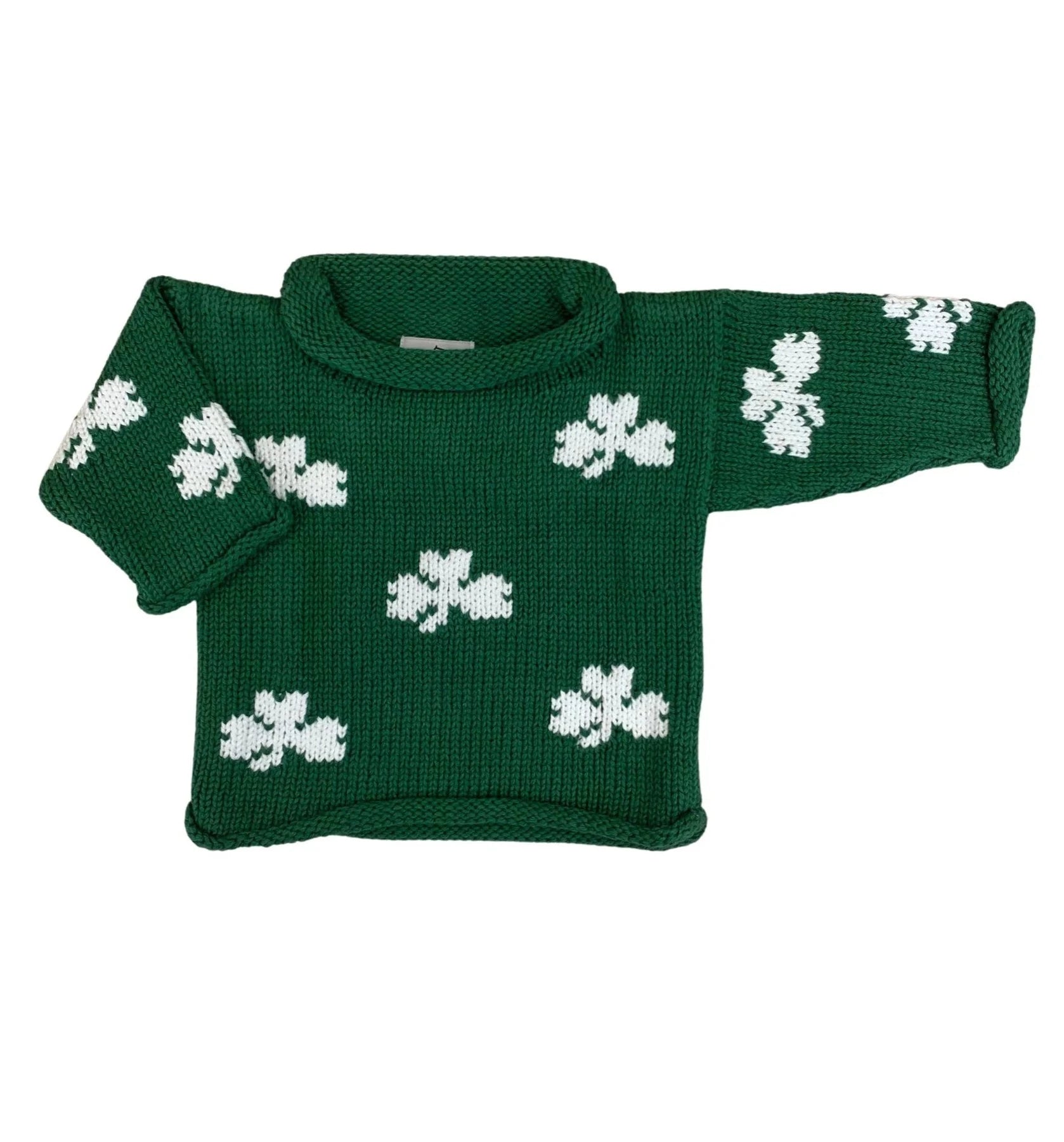 long sleeve green sweater with white shamrocks all over