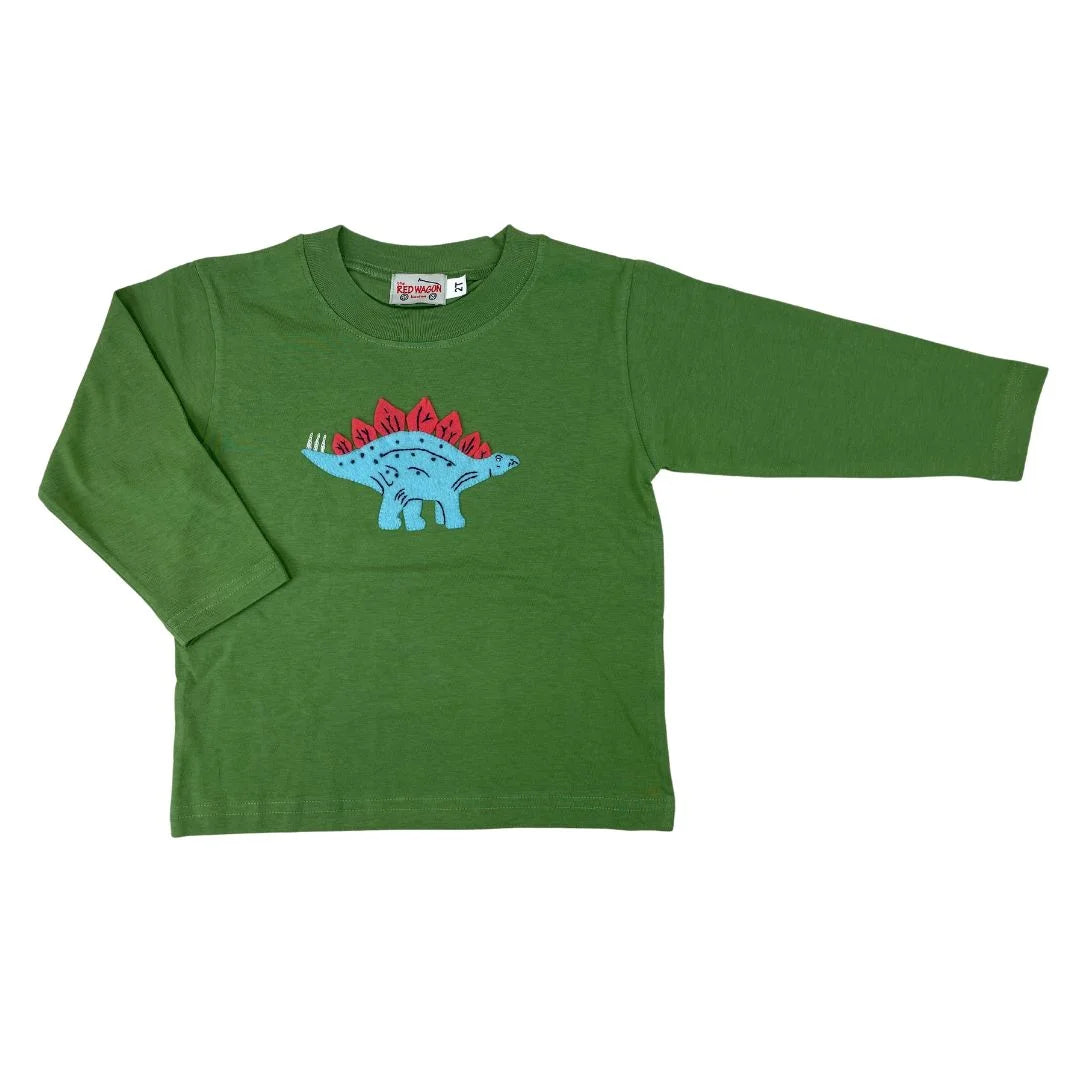 green long sleeve shirt with stegosaurus dinosaur