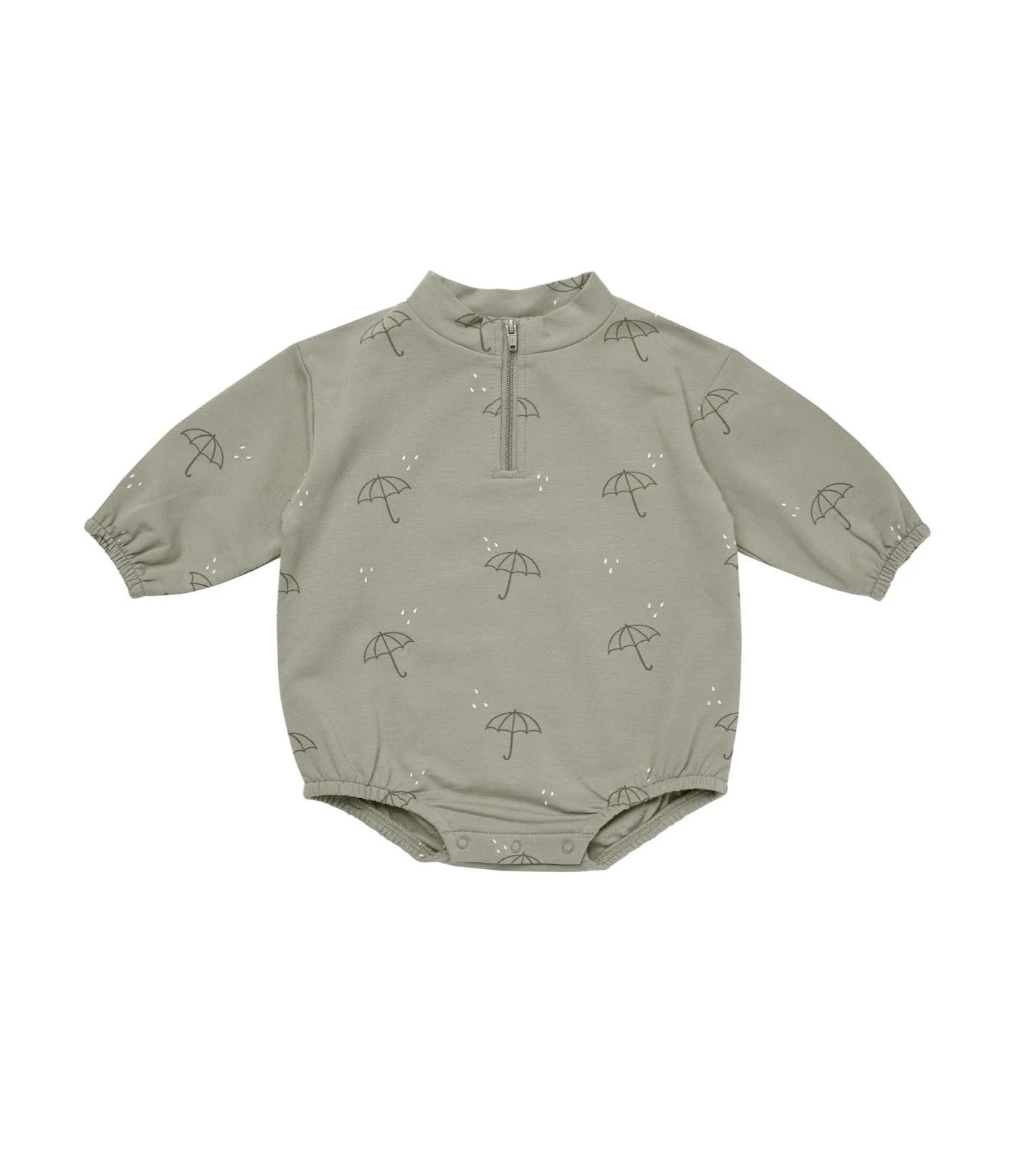 green long sleeve onesie with umbrellas and raindrops