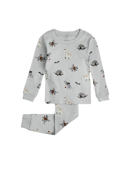 grey two piece pajamas with dinosaurs wearing halloween costumes