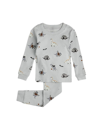 grey two piece pajamas with dinosaurs wearing halloween costumes