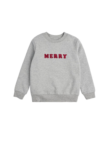 long sleeve grey sweatshirt with "Merry" written in red