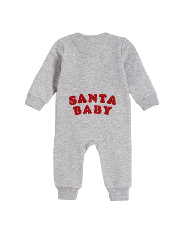 gray long sleeve playsuit with "Santa Baby" written in red on bum
