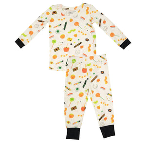 ivory 2 piece pajamas with Halloween candies all over