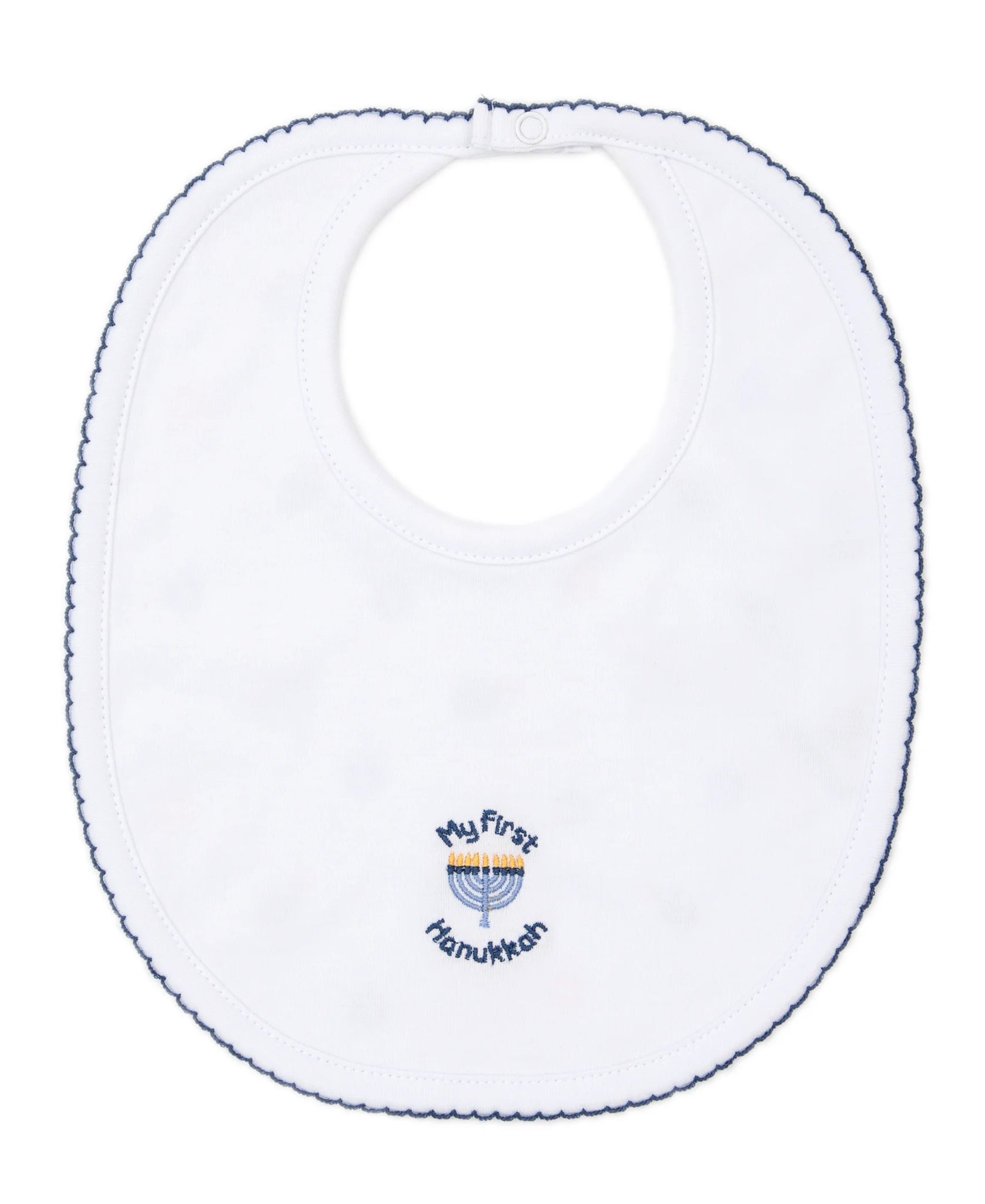 white bib with "My First Hanukkah" and menorah design
