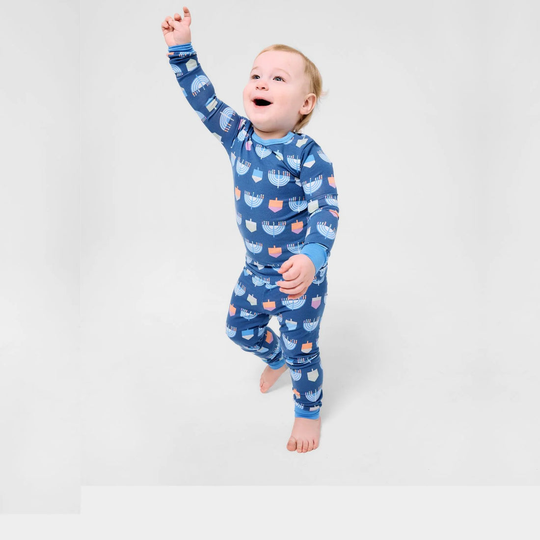 blue kids hanukkah pajamas with menorahs