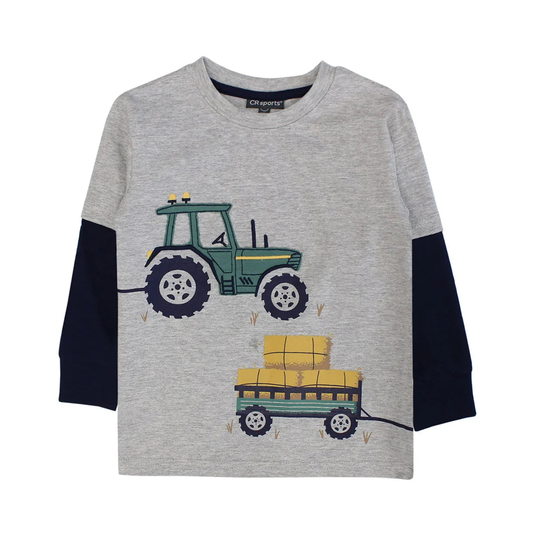 grey long sleeve with contrast with tractor and hay on front