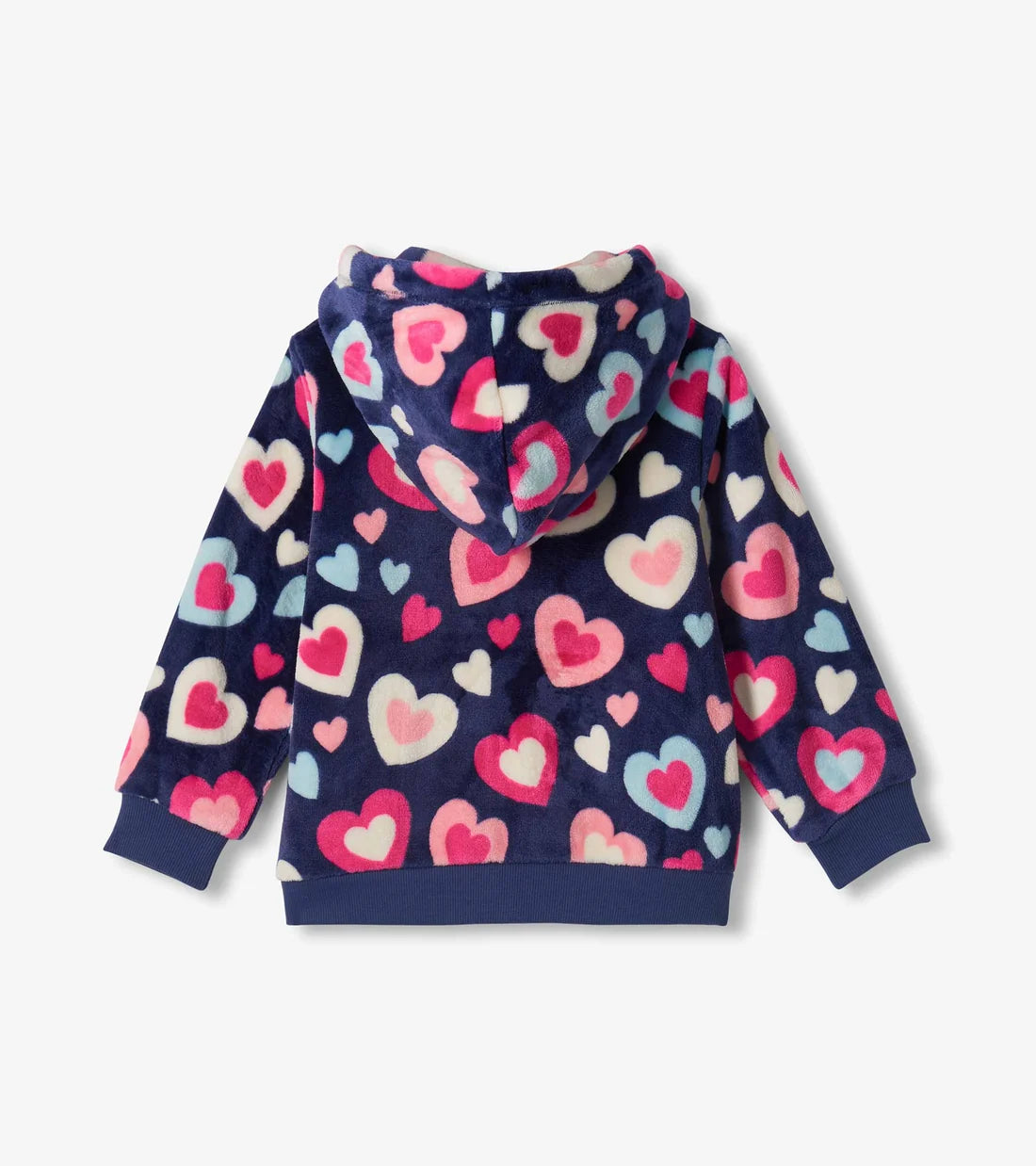 A navy blue fleece hoodie with an all-over heart pattern in pink, red, and light blue, shown from the back on a light gray background.