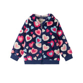 A navy blue fleece zip-up hoodie for kids, featuring an all-over heart pattern in pink, light pink, and light blue. The hoodie has a front zipper, a hood, and two front pockets, shown flat on a white background.