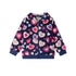 A navy blue fleece zip-up hoodie for kids, featuring an all-over heart pattern in pink, light pink, and light blue. The hoodie has a front zipper, a hood, and two front pockets, shown flat on a white background.