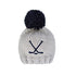 Knitted beanie with navy pom-pom and crossbones on a white background