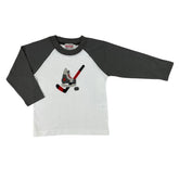 hockey shirt for kids, grey and white with red skate and stick 