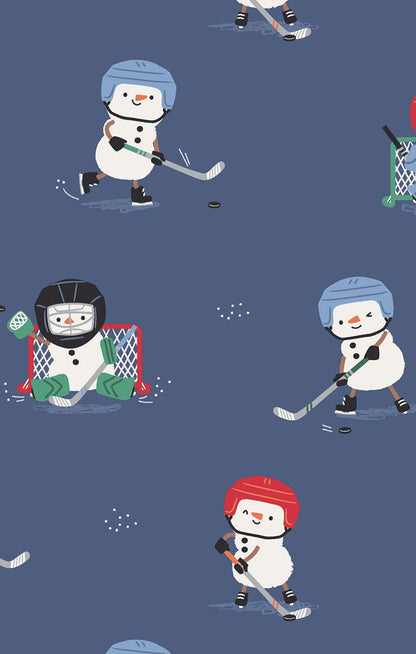 Pattern of snowmen playing hockey on a blue background