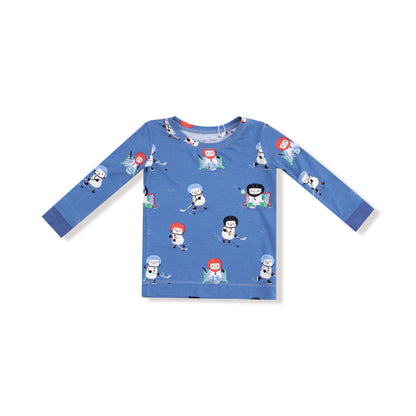 Blue long-sleeve shirt with cartoon character print on a white background