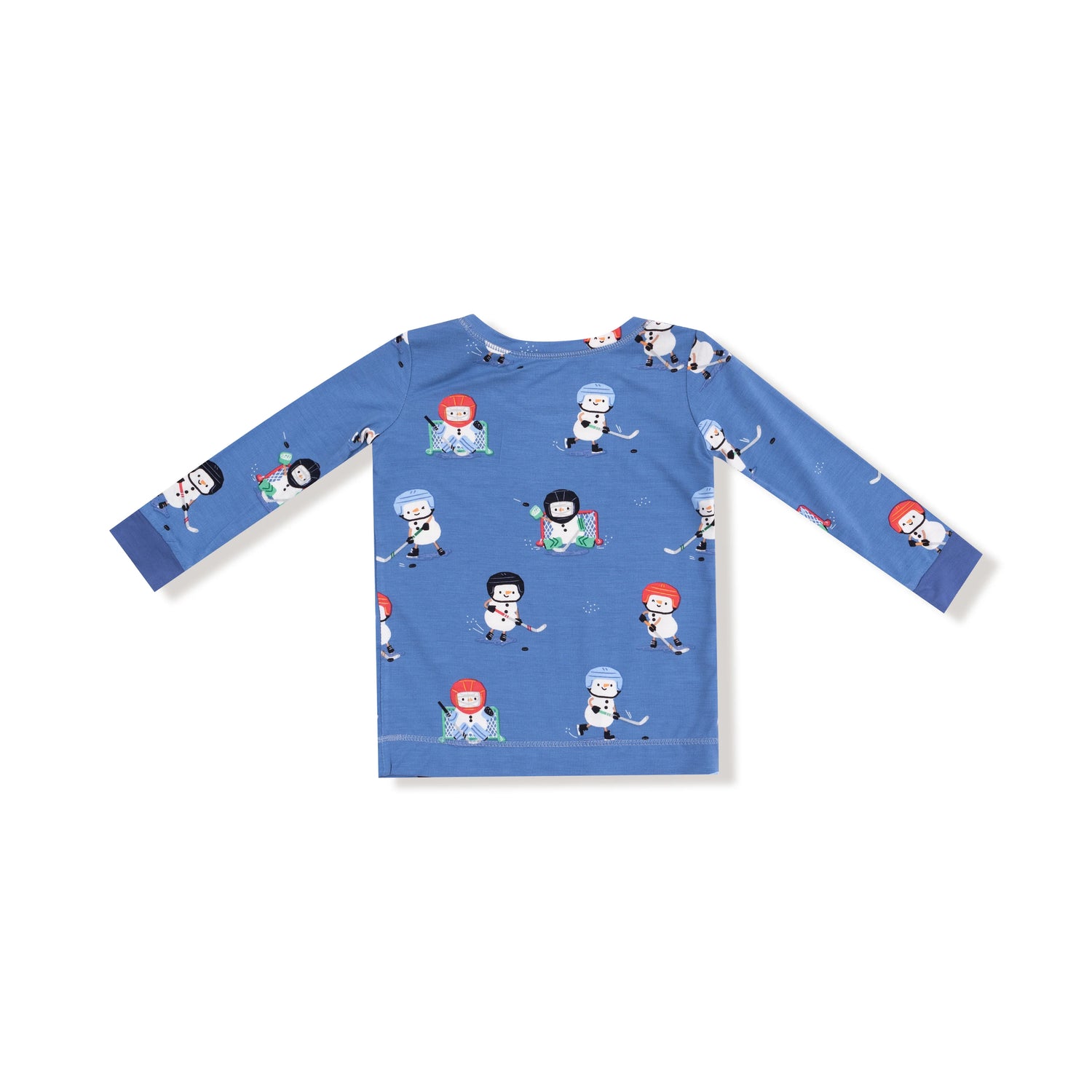 Blue long-sleeve shirt with cartoon character pattern on a white background