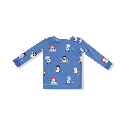 Blue long-sleeve shirt with cartoon character pattern on a white background