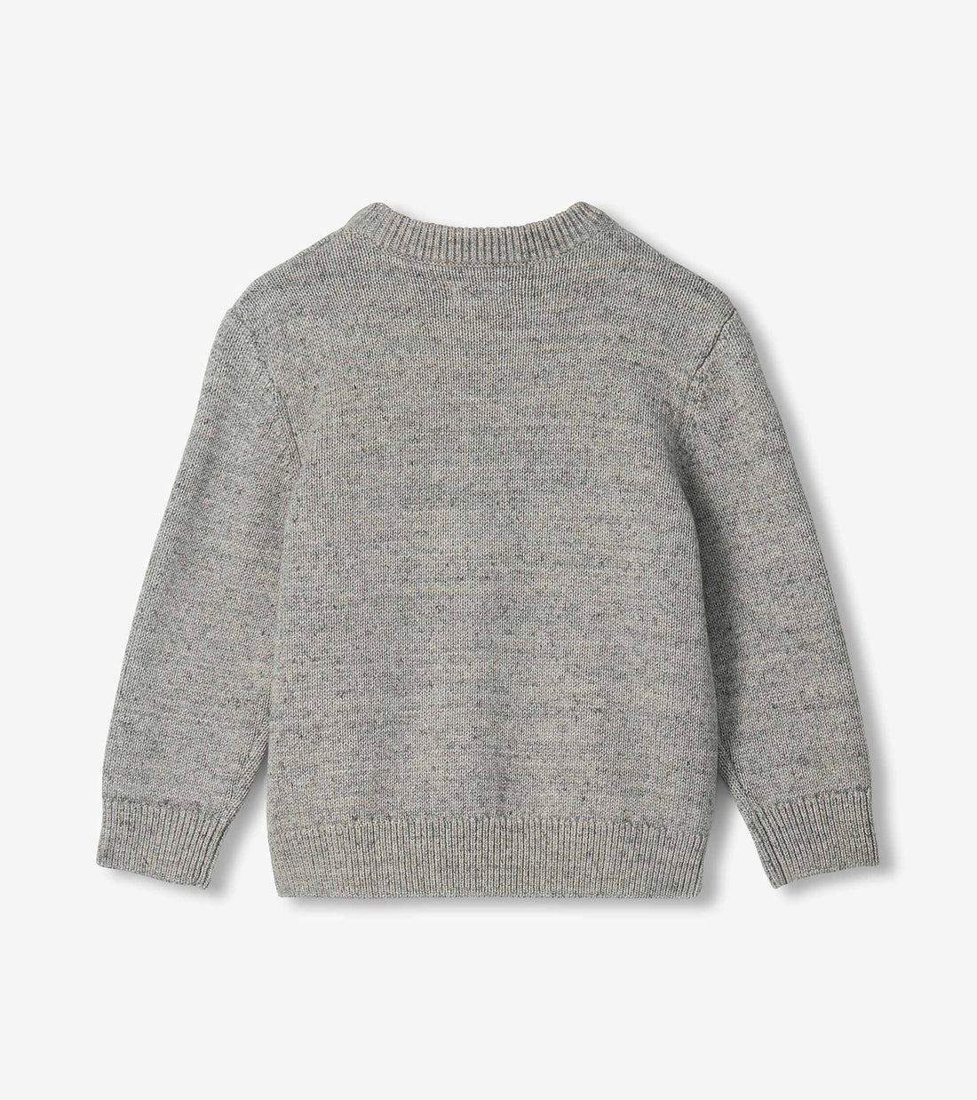 A light gray heathered knit sweater shown from the back, featuring long sleeves with ribbed cuffs and a ribbed crew neck and hem, displayed on a clean white background.
