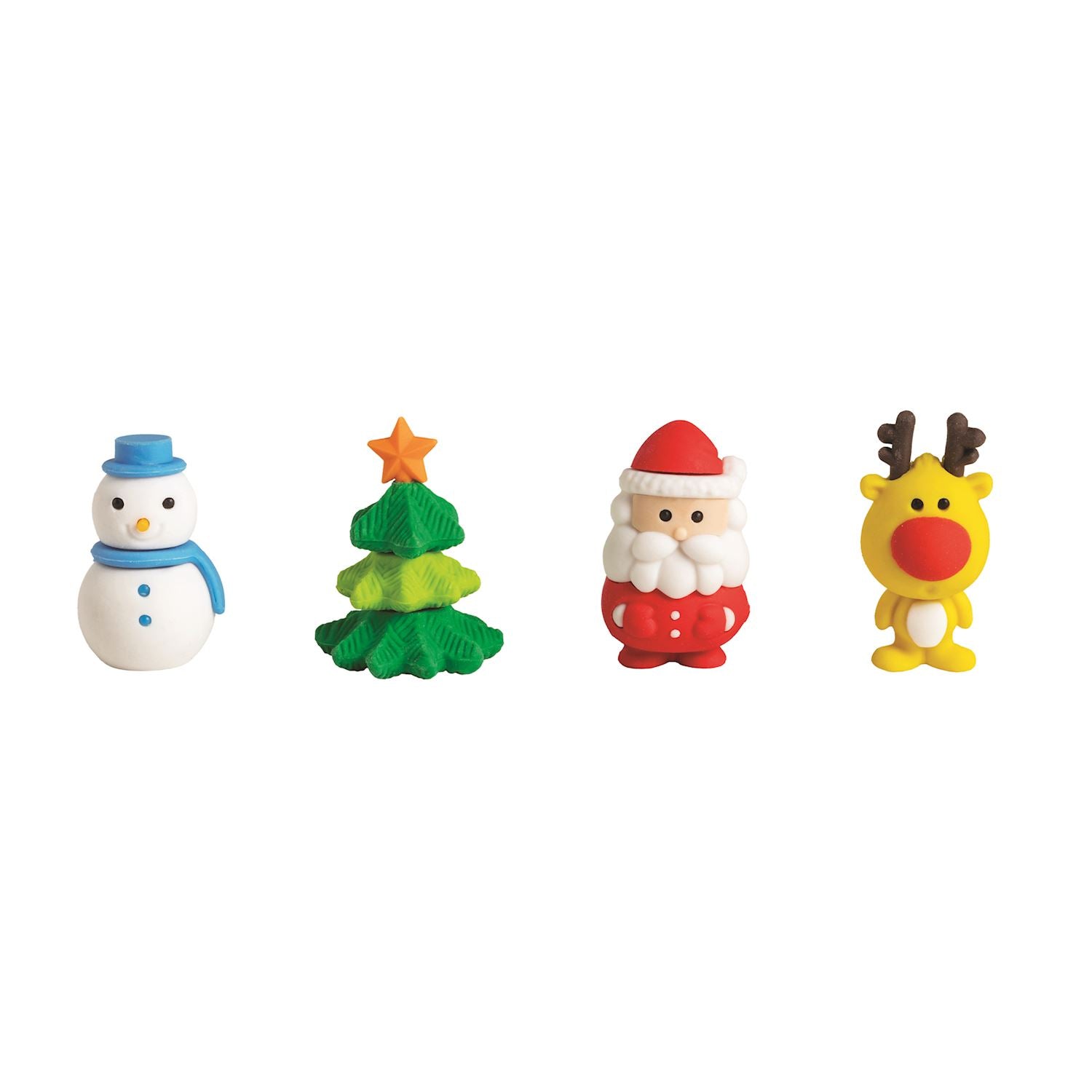 snowmen, christmas tree, santa and rudolph erasers