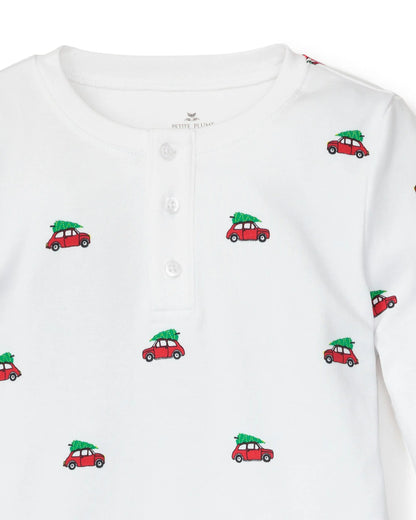 white pajamas with red cars with trees on top