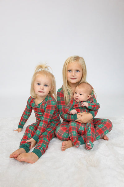 green and red plaid two piece pajamas