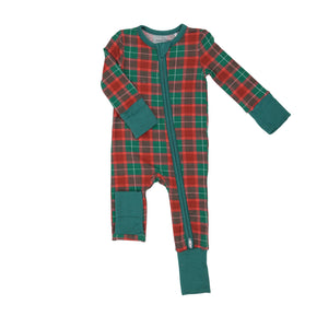 red and green holiday plaid romper