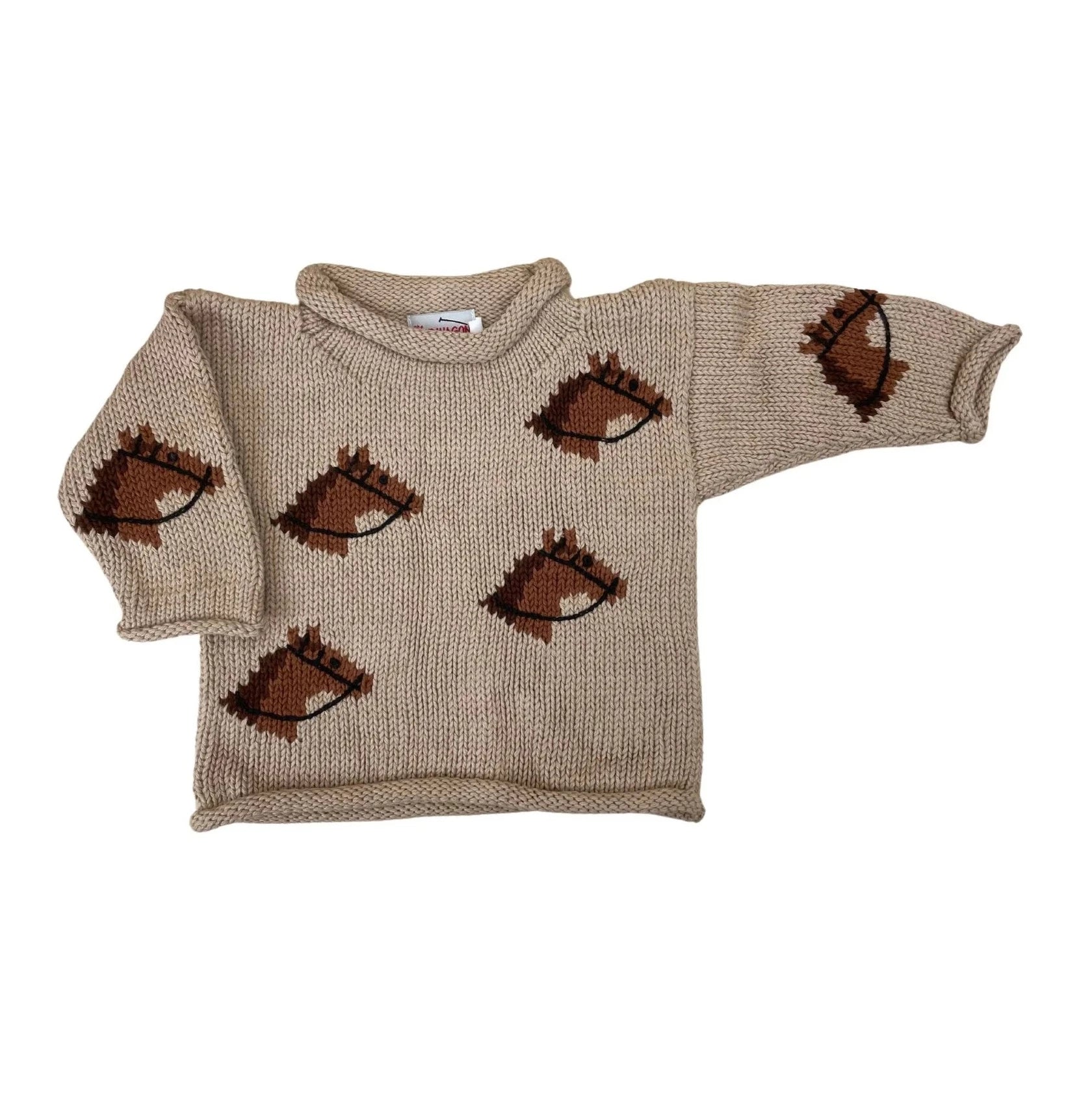 tan sweater with horse heads all over