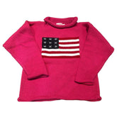 Pink sweater with an American flag design on a white background