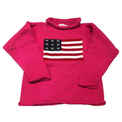 Pink sweater with an American flag design on a white background