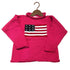 A bright pink knit sweater with a knitted American flag design on the chest, hanging on a wooden hanger against a plain white background.