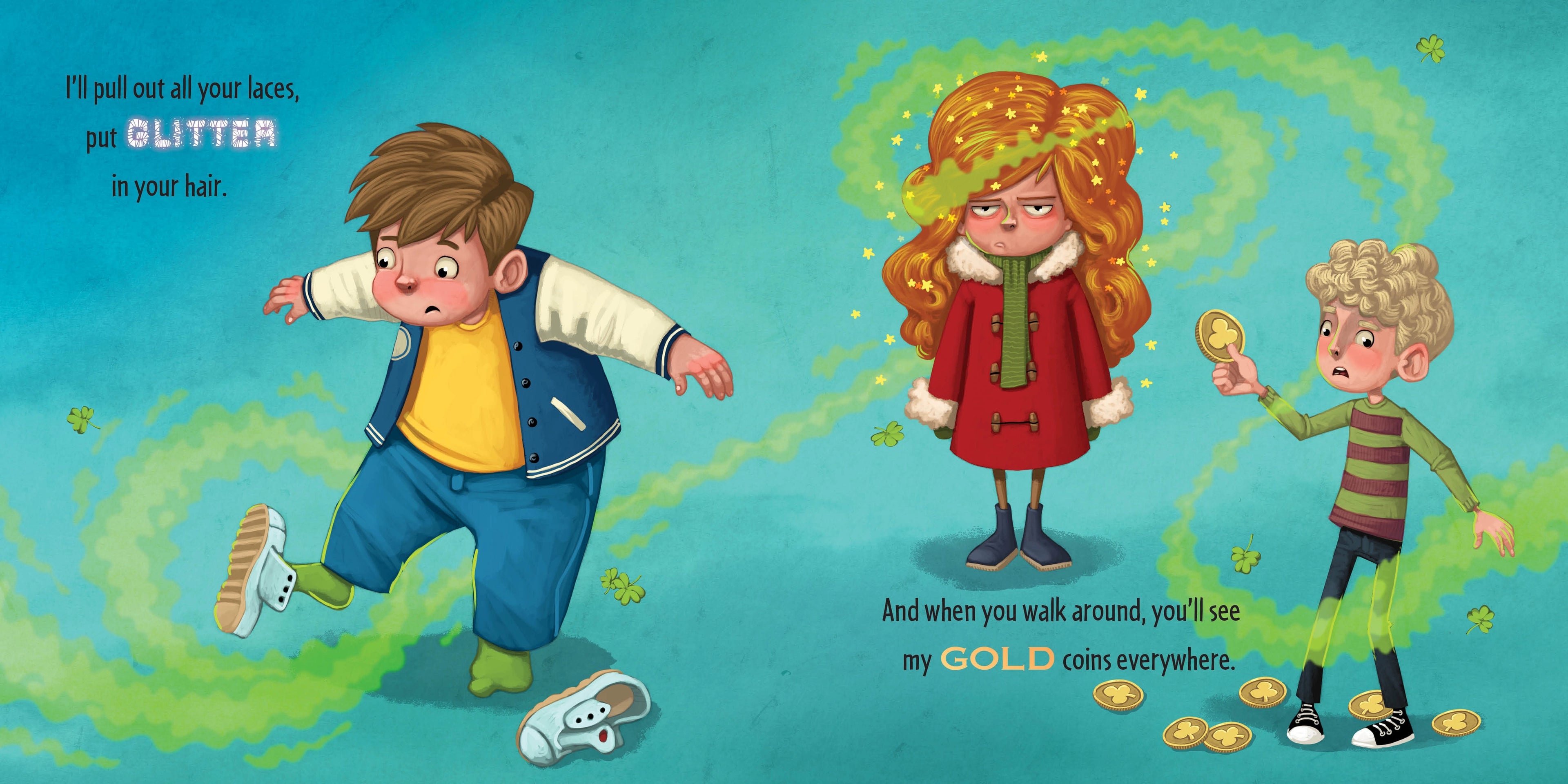 Illustration of three children with glitter and gold coins on a blue background